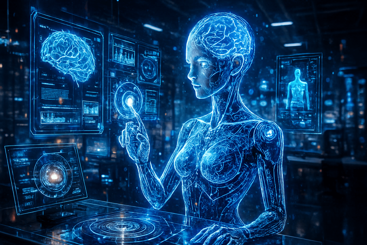 A futuristic AI assistant represented as a glowing humanoid figure made of circuits and digital cod